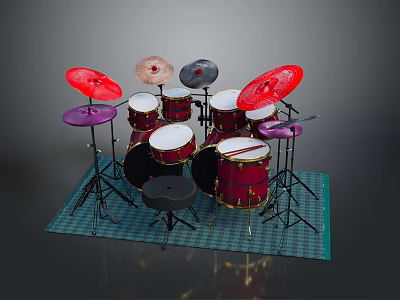 Colorful Toy Drum Set With Red Drums And Colored Cymbals On Green Mat 3d model