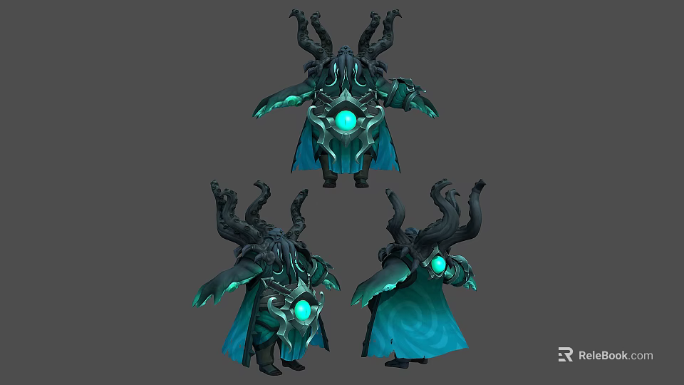 3D Fantasy Character Model With Multiple Tentacles Glowing Green Gem And Blue Cape 3d model 