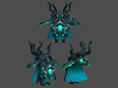 3D Fantasy Character Model With Multiple Tentacles Glowing Green Gem And Blue Cape 3d model
