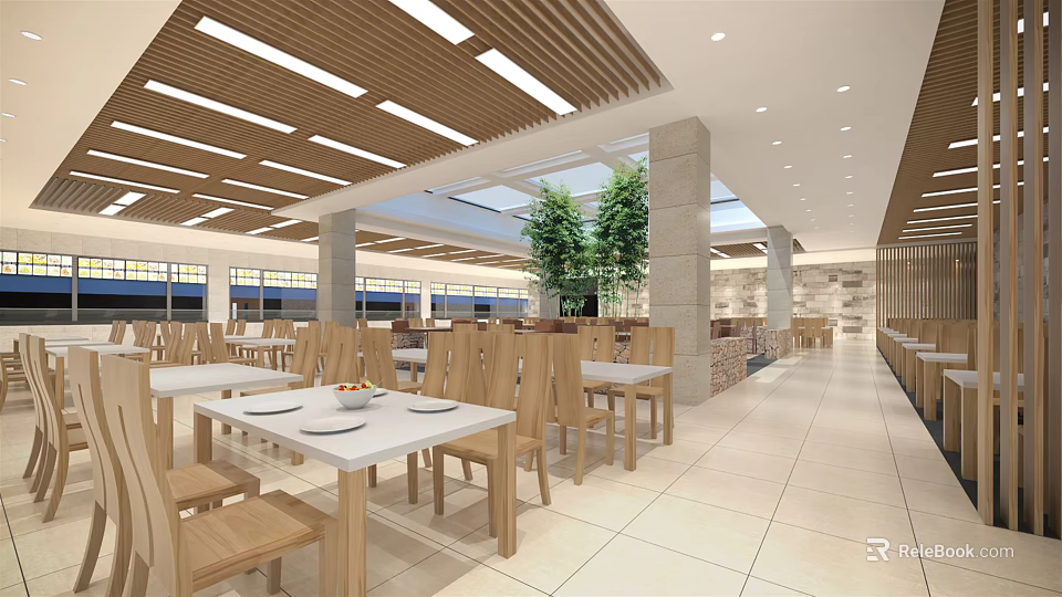 Spacious Canteen Interior Design With Wooden Tables Chairs White Tiles Ceiling Panels And Green Plants 3d model 