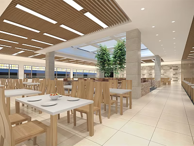 Spacious Canteen Interior Design With Wooden Tables Chairs White Tiles Ceiling Panels And Green Plants 3d model