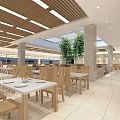Spacious Canteen Interior Design With Wooden Tables Chairs White Tiles Ceiling Panels And Green Plants