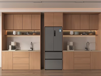 Modern Pantry Interior With Wooden Cabinets Refrigerator Sink Coffee Machine And Cups On Shelves 3d model