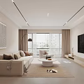 Modern Living Dining Room Interior With Beige Sofa Coffee Table Floor Lamp And TV Wall