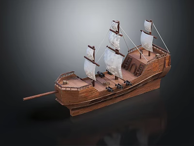 Wooden Model Sailing Ship With White Sails Multiple Masts Deck Details And Dark Background Reflections 3d model