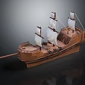 Wooden Model Sailing Ship With White Sails Multiple Masts Deck Details And Dark Background Reflections