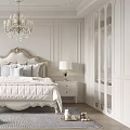 Elegant Bedroom Interior Design With Carved Headboard Crystal Chandelier Nightstands Table Lamps Armchair And Rug
