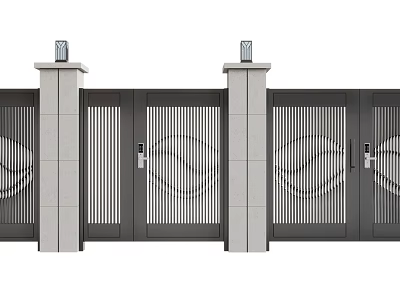 Modern Entrance Gate with Stone Pillars Lamps and Metal Slatted Design 3d model