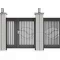 Modern Entrance Gate with Stone Pillars Lamps and Metal Slatted Design