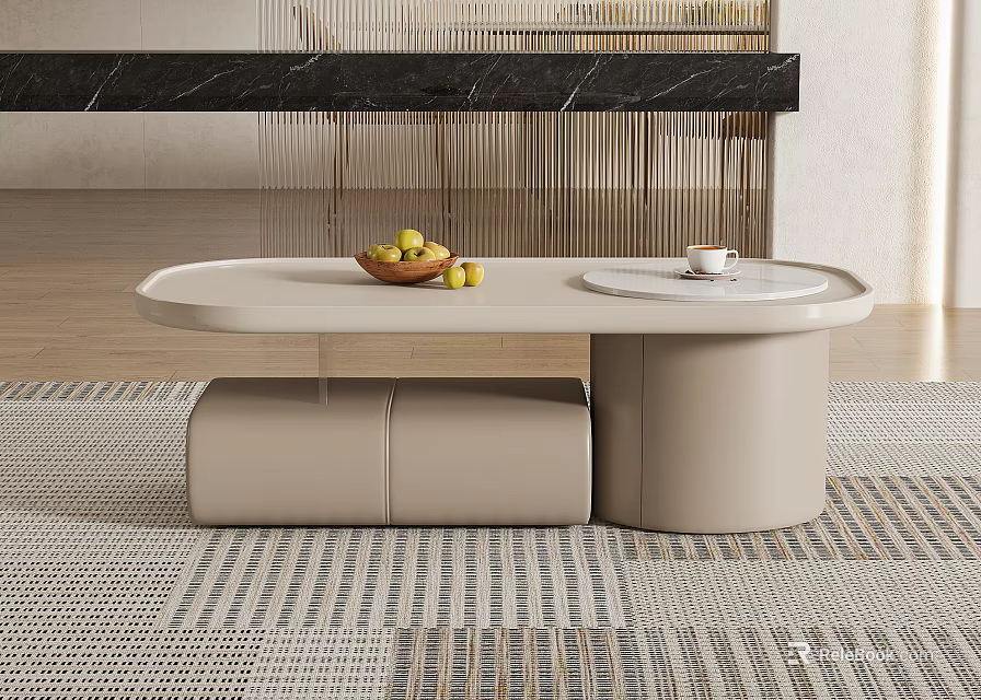 Modern Beige Coffee Table With Sleek Surface Bowl of Fruits Cup and Oval Top on Rug 3d model 