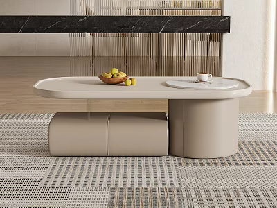 Modern Beige Coffee Table With Sleek Surface Bowl of Fruits Cup and Oval Top on Rug 3d model