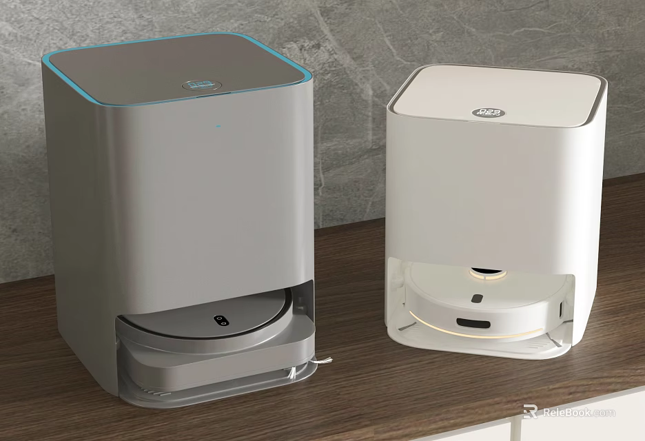 Smart Machines With Automatic Lid Design In Gray And White On Wooden Countertop 3d model 