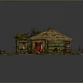 Rustic Wooden Cabin With Thatched Roof Wooden Platform Railing And Red Door