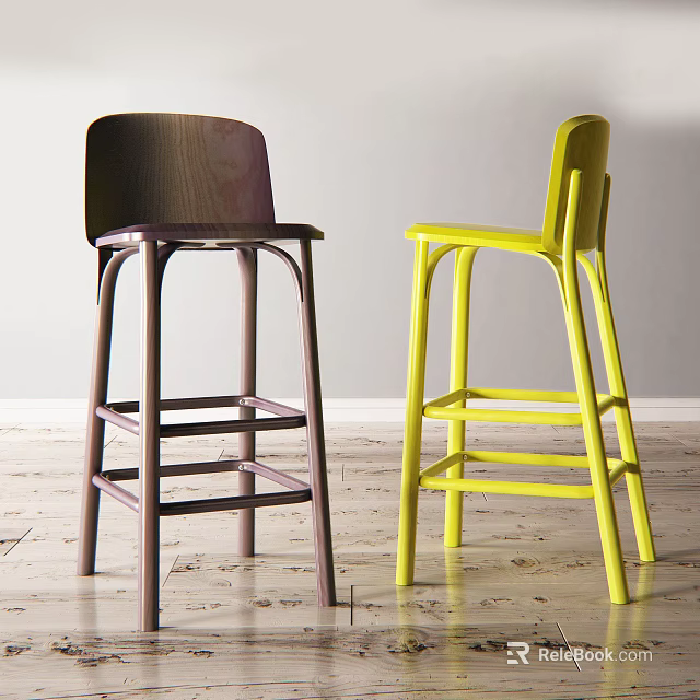 Modern Bar Stools in Dark Brown and Bright Yellow with Wooden Backrests and Tall Legs 3d model 
