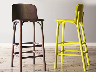 Modern Bar Stools in Dark Brown and Bright Yellow with Wooden Backrests and Tall Legs 3d model