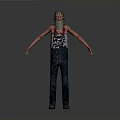 Man with green hair red eyes wearing gray tank top overalls standing against gray background