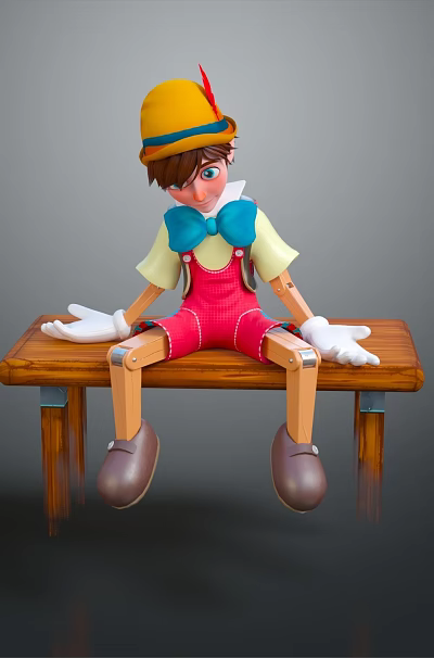 Game Character Wearing Yellow Hat Blue Bow Tie Red Shorts White Gloves on Wooden Bench 3d model