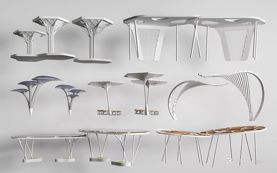 Modern Architectural Structures With Various Curved Canopies And White Metal Frames 3d model