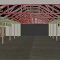 Industrial Style Spacious Open Space With Red Metal Frame Roof And Supporting Columns