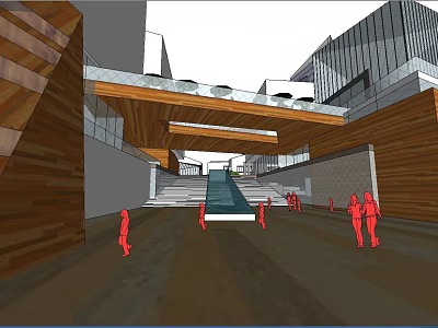 Modern Commercial Street With Pedestrians Covered Walkway Wooden Structures And Glass Facades 3d model
