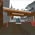 Modern Commercial Street With Pedestrians Covered Walkway Wooden Structures And Glass Facades