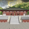 Traditional Chinese Ancient Architecture With Green Roofs Red Wooden Columns Stone Steps And Interior Statues