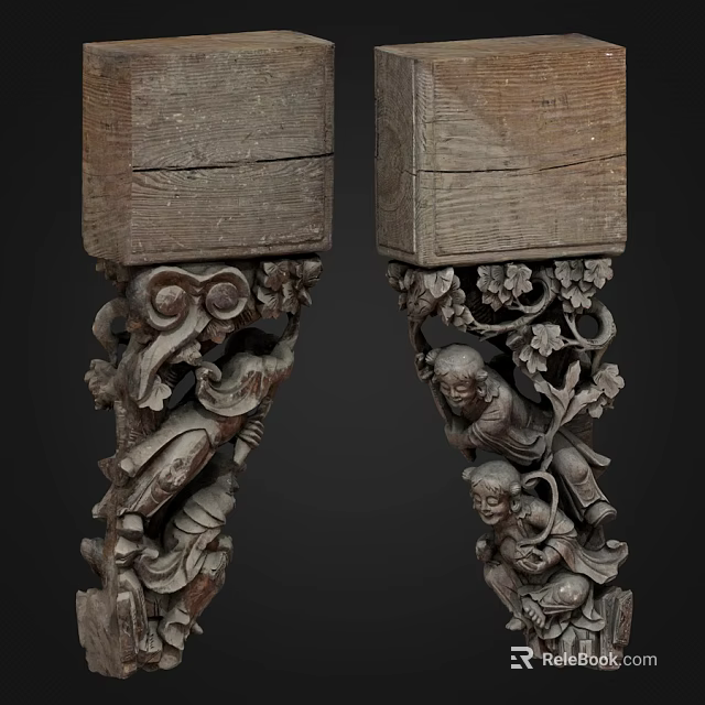 Intricate Carved Wooden Pillars Featuring Traditional Figures Floral Patterns In Classical Wood Carving Art 3d model 