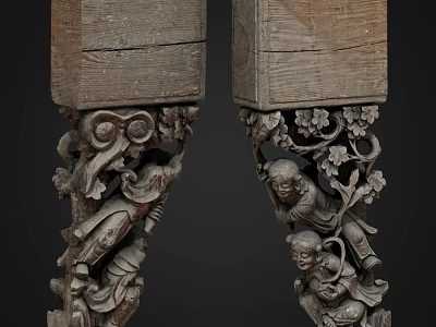 Intricate Carved Wooden Pillars Featuring Traditional Figures Floral Patterns In Classical Wood Carving Art 3d model