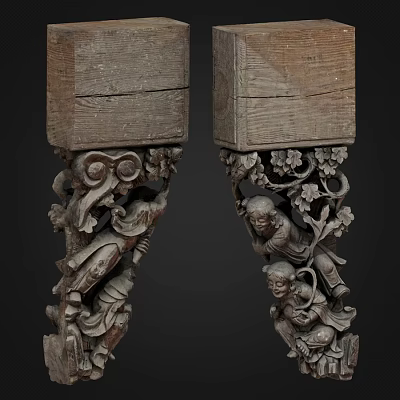 Intricate Carved Wooden Pillars Featuring Traditional Figures Floral Patterns In Classical Wood Carving Art 3d model