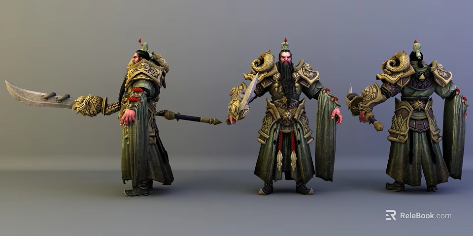 Three Warrior Figures In Elaborate Armor With Traditional Robes Holding Weapons Standing Poses Ancient Fantasy Style 3d model 