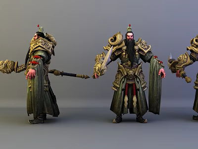 Three Warrior Figures In Elaborate Armor With Traditional Robes Holding Weapons Standing Poses Ancient Fantasy Style 3d model