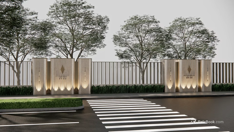 Modern Garden Landscape Design With Trees Decorative Fences Lighting And Lush Greenery 3d model 