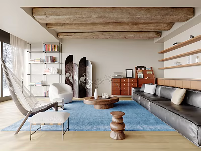 Cozy Living Room Interior With Wooden Beams Blue Rug Black Sofa And Wooden Coffee Table 3d model