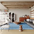 Cozy Living Room Interior With Wooden Beams Blue Rug Black Sofa And Wooden Coffee Table