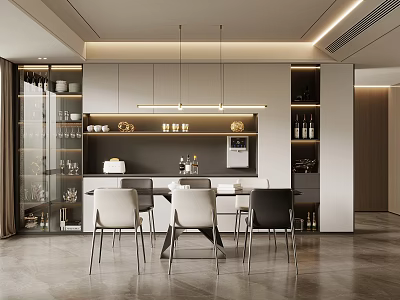 Modern Restaurant Interior With Dining Table Chairs Hanging Lights And Wine Cabinet 3d model