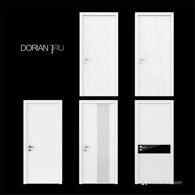 Dorian Pru White Hinged Doors With Geometric Patterns Glass Panel And Black Accent 3d model 