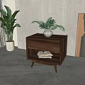 Modern Walnut Nightstand with Drawer Books Under Potted Plant on Top Near Large Plant Artwork