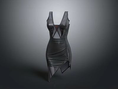 Sleek Black Leather Sleeveless Dress With Pleated Details And Geometric Cuts 3d model