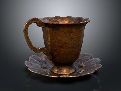 Vintage Copper Cup With Textured Surface Curved Handle And Petal Edge Saucer 3d model