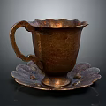 Vintage Copper Cup With Textured Surface Curved Handle And Petal Edge Saucer
