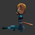 Cute Cat Character With Golden Fur Green Eyes Blue Glowing Armor Holding Weapon