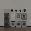 Various Modern Washing Machines With Different Styles And Colors Displayed On Wall And Floor