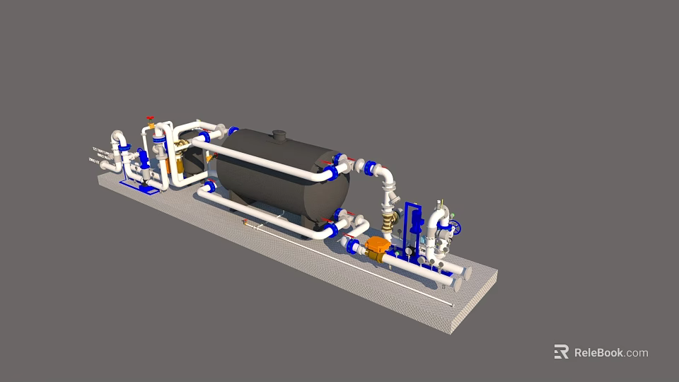 Industrial Equipment with Large Storage Tank Pipeline System Valves and Pumps on Base 3d model 
