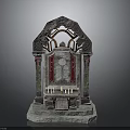 Ornate Stone Altar Structure With Arched Design Red Drapery And Pedestal