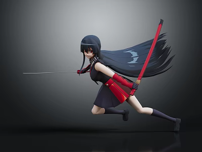 Anime Female Character With Long Black Hair Wielding Dual Swords In Action Pose 3d model