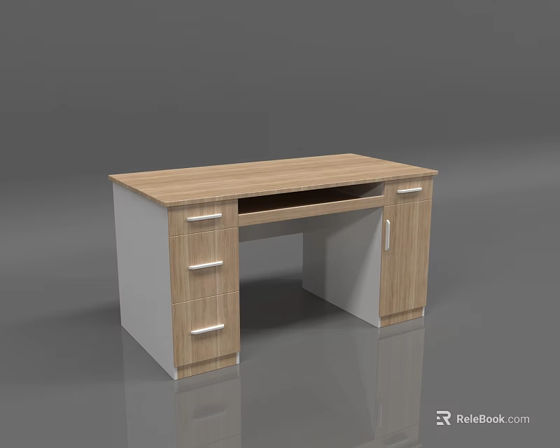 Modern Office Desk With Wooden Top White Drawers And Storage Cabinet 3d model 
