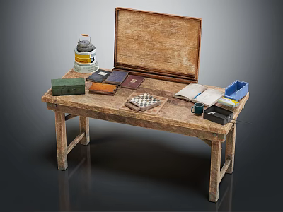 Vintage Wooden Workbench Table With Paint Can Books Chessboard And Boxes 3d model