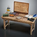 Vintage Wooden Workbench Table With Paint Can Books Chessboard And Boxes