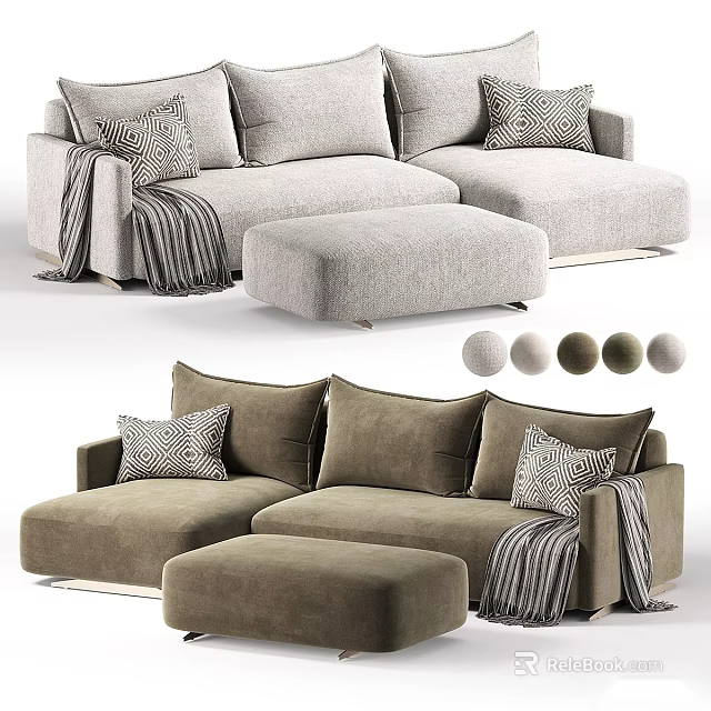 Modern Sectional Sofa With Decorative Pillows Ottoman And Throw Blanket Color Choices 3d model 