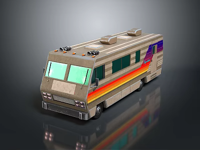 Classic Beige Motorhome With Colorful Stripes Roof Equipment And Large Windows 3d model